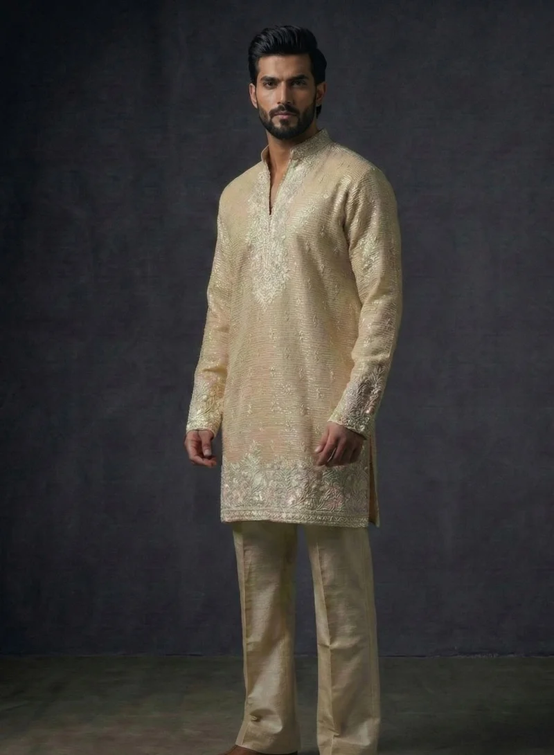 Lehar Men's Ivory & Gold Hand-Embroidered Silk Kurta Set